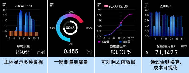 主体显示多种数据 | 一键测量泄漏量 | 可对照之前数据 | 通过金额换算，成本可视化